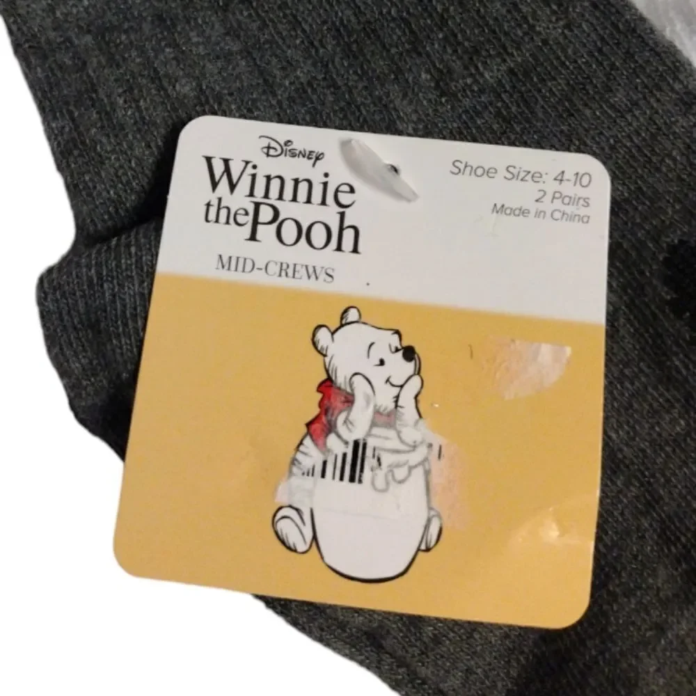 Disney Winnie The Pooh 2 Pack Grey and White Mid‎ Crew Socks NWT